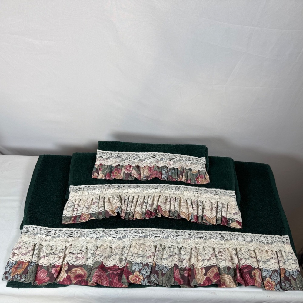 Vintage Jillian Rose Collection Green Floral Lace Ruffle Trimmed Towel Set 3 Pcs - Picture 2 of 6